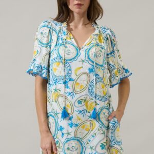 Vestido corto blanco con flecos azul